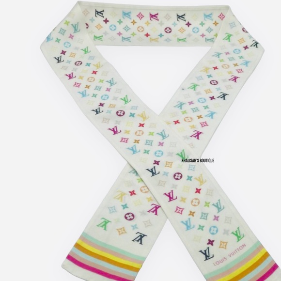 RARE Authentic Louis Vuitton Multicolor Monogram Twilly/Bandeau/Scarf 100% Silk! - Picture 4 of 8